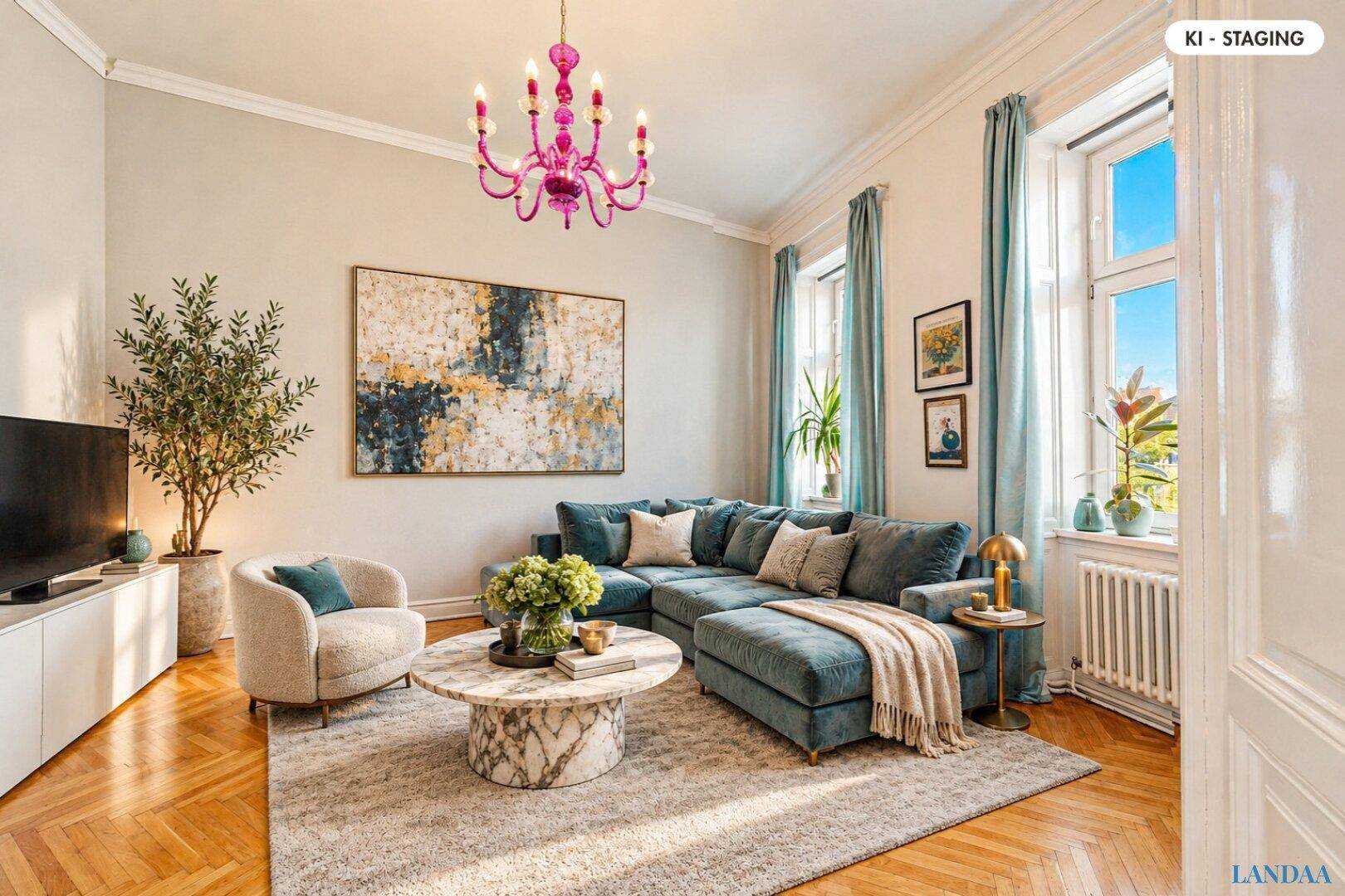 Stilvolles Wohnzimmer mit blauem Ecksofa, Parkettboden und Kunstwerken.