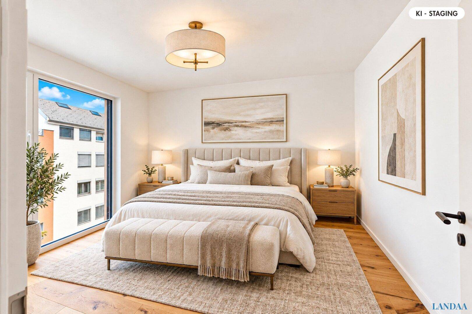 Elegantes Schlafzimmer mit großem Doppelbett, Holzboden und viel natürlichem Licht.