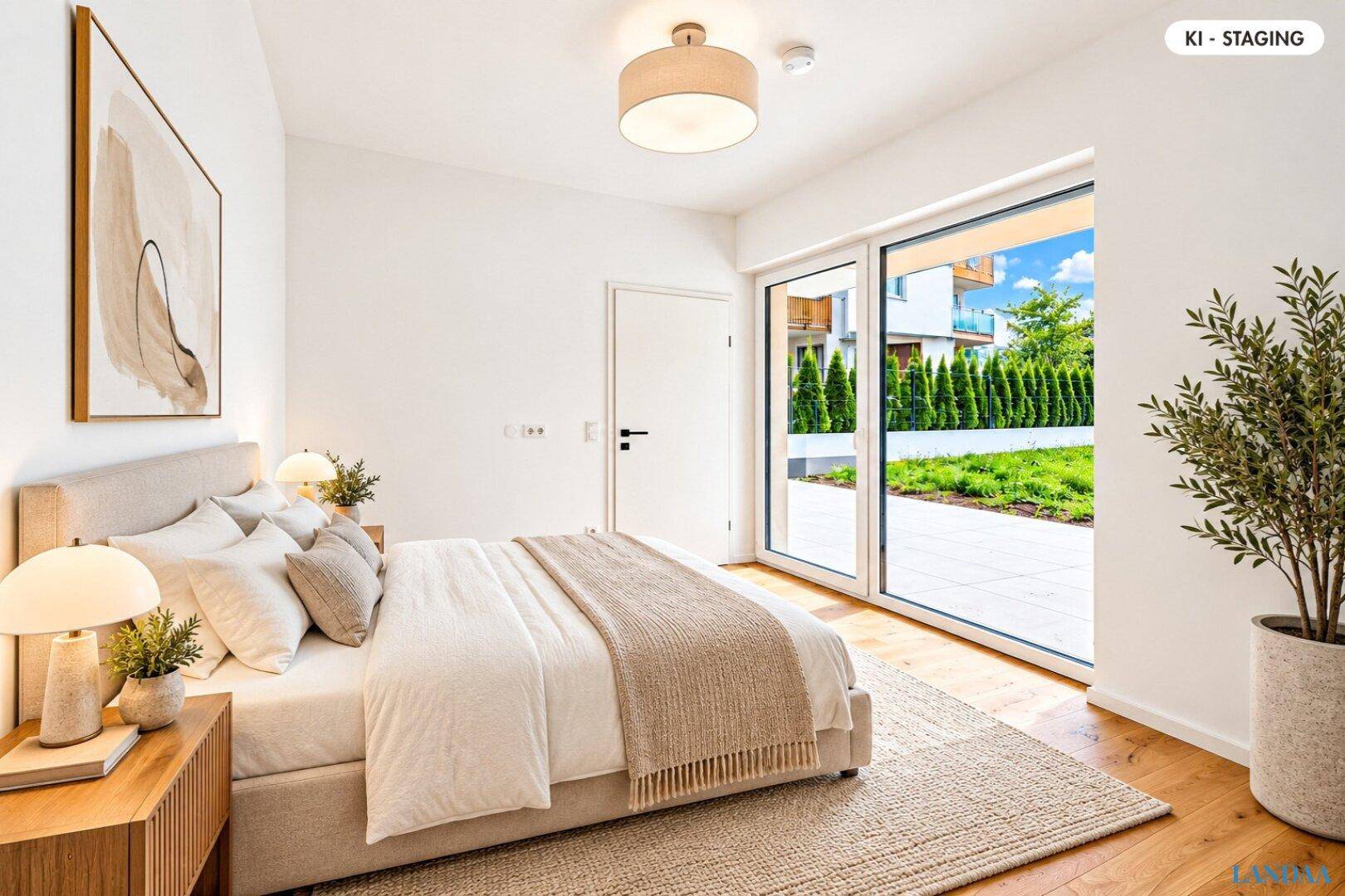 Modernes Schlafzimmer mit Holzboden, großem Fenster und direktem Zugang zum Außenbereich.