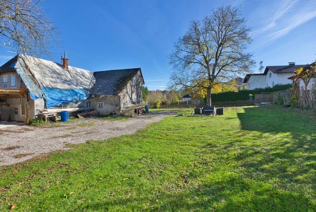 Weitläufiger Gartenbereich mit Rasenfläche, altem Baumbestand und dem Wohnhaus im Hintergrund.