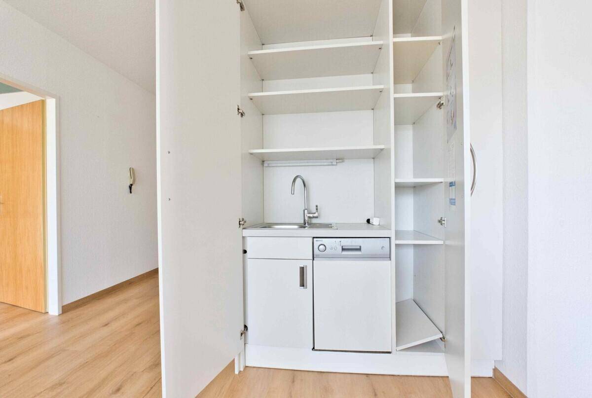 Kompakte Küchenzeile mit Spüle und Geschirrspüler, geschickt in einem Schrank verborgen.
