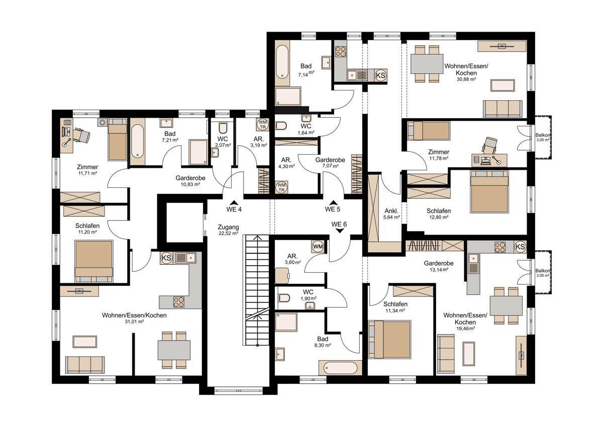 Grundrissplan einer Etage mit drei Wohneinheiten, Bädern und Wohn-Essbereichen.