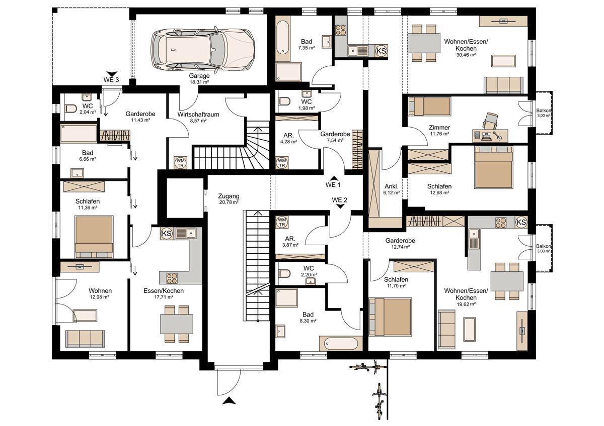 Detaillierter Grundriss des Erdgeschosses mit mehreren Wohneinheiten und einer Garage.