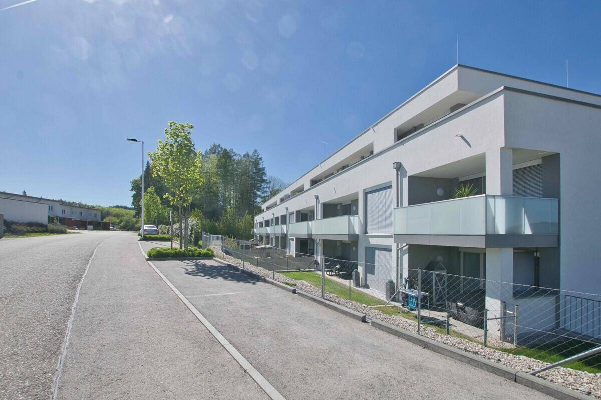 Zufahrtsstraße zur modernen Wohnanlage mit ansprechender Fassade und Balkonen.