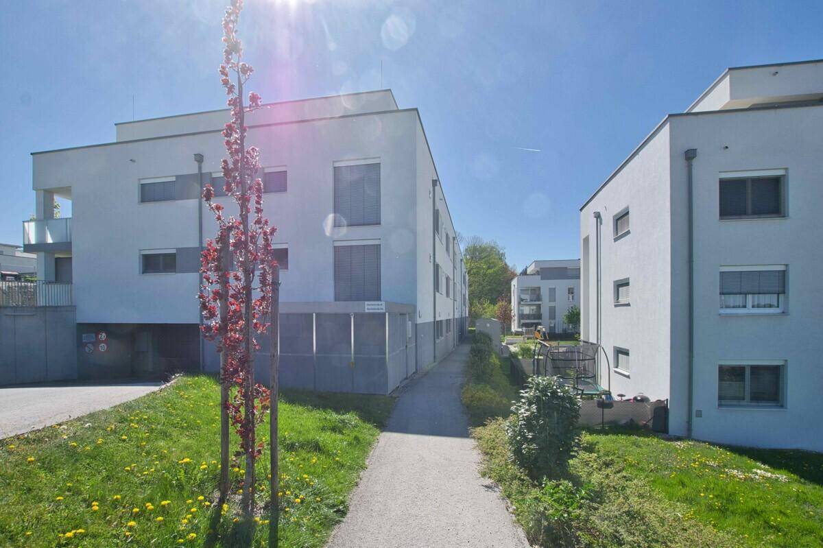 Außenansicht der modernen Gebäude mit einem Fußweg und grünen Rasenflächen.