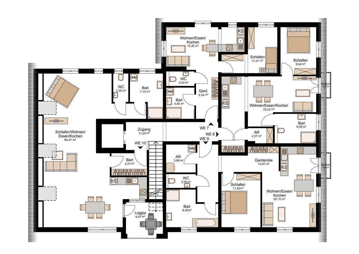 Grundriss des Dachgeschosses mit großzügigen Wohnbereichen, Loggia und mehreren Schlafzimmern.
