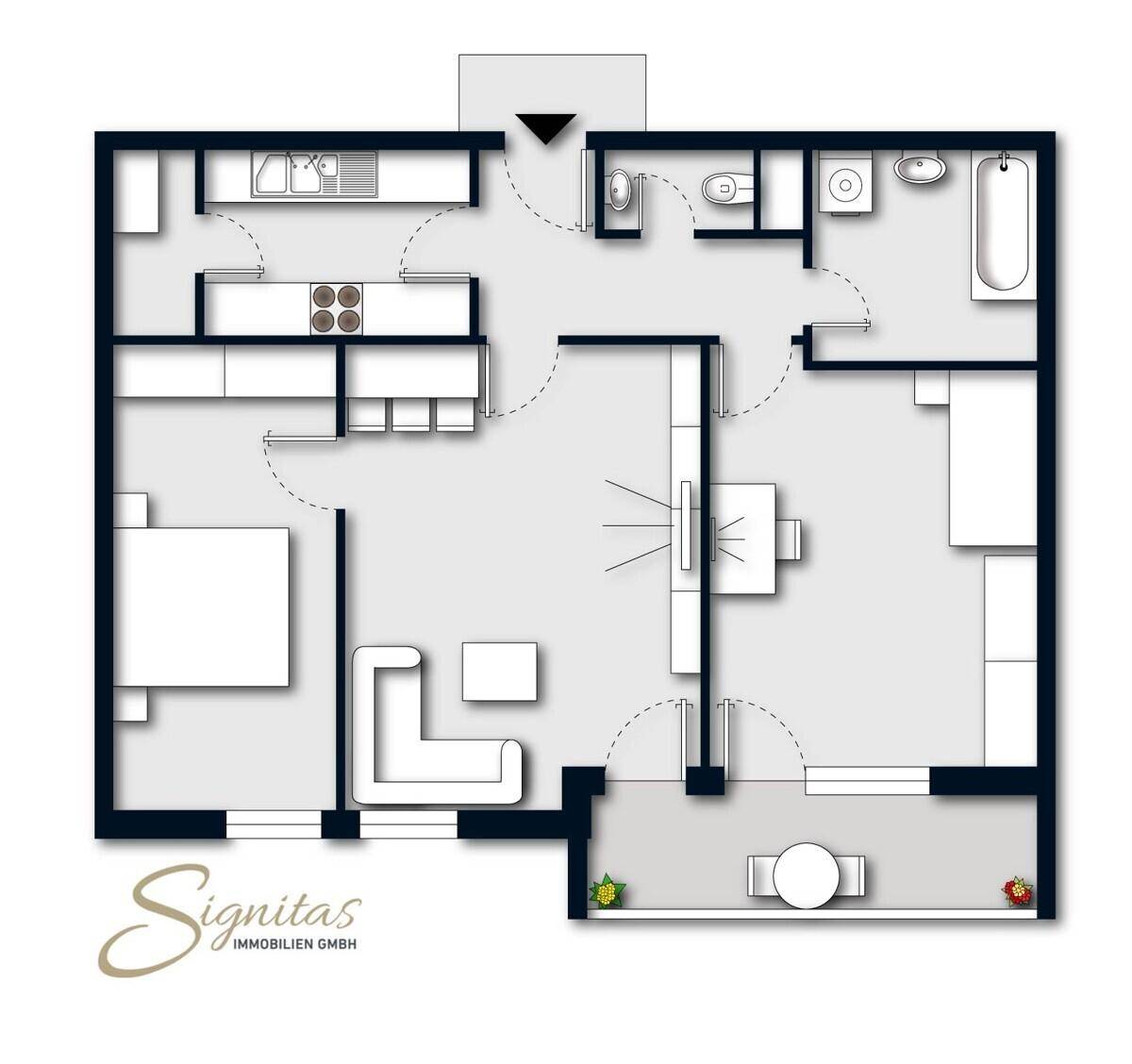 Übersichtlicher Grundriss der Wohnung mit drei Zimmern und Balkon.