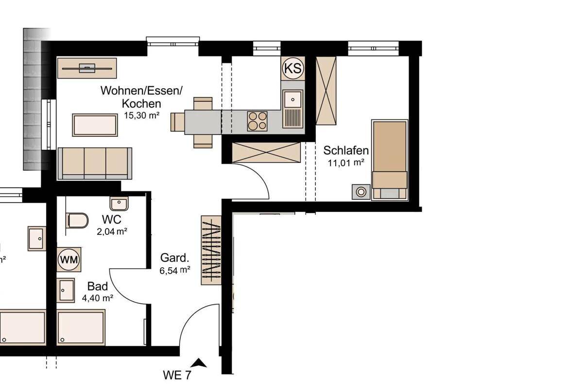 Grundriss einer Wohnung mit offenem Wohn-/Ess-/Kochbereich, Schlafzimmer und Bad.