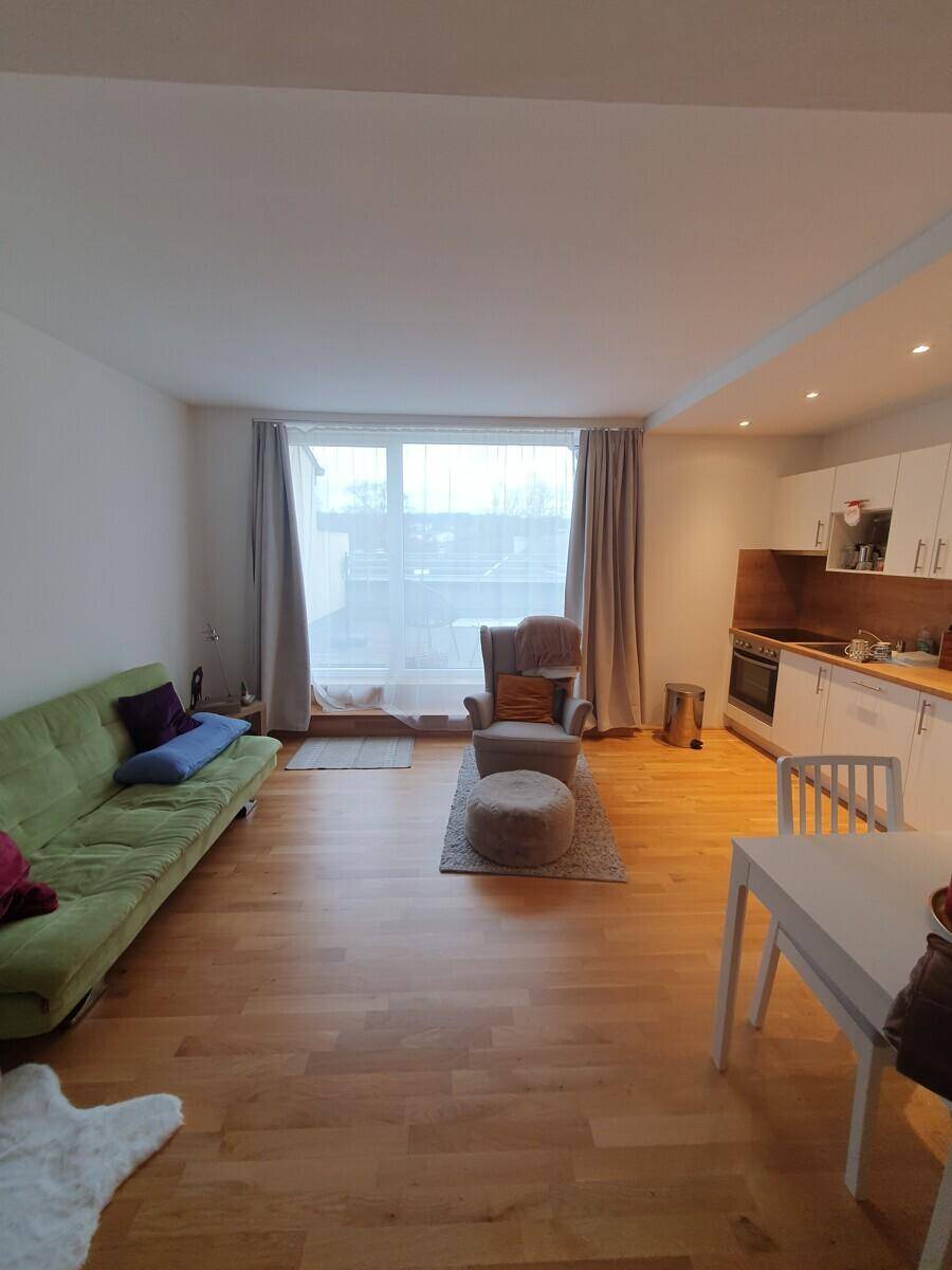 Geräumiger, offener Wohnbereich mit integrierter Küche, Essplatz und gemütlicher Sitzecke auf Holzfußboden.