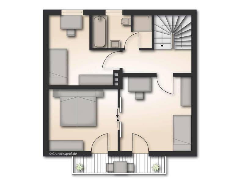 Grundriss des Obergeschosses mit Schlafzimmern, Bad und Balkon.