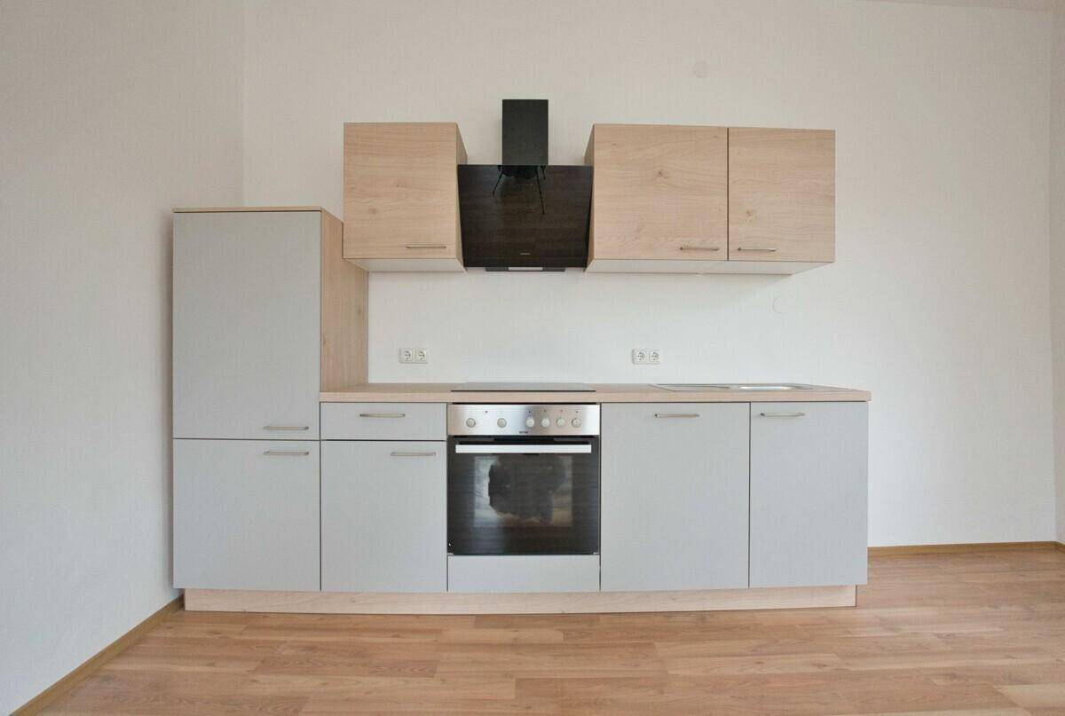 Detailansicht der neuen Einbauküche mit hellgrauen Fronten, Holzoptik-Arbeitsplatte und modernen Geräten.