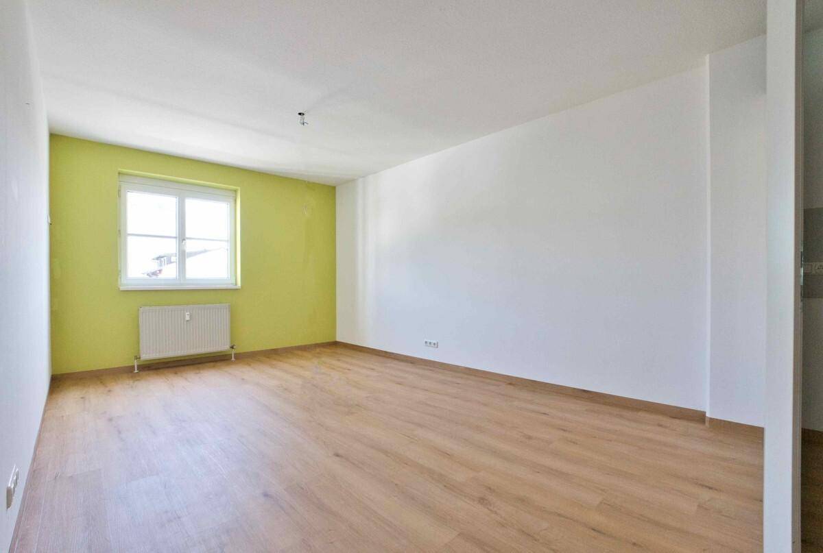 Geräumiger, unmöblierter Wohnraum mit hellem Laminatboden und einer auffälligen grünen Akzentwand.