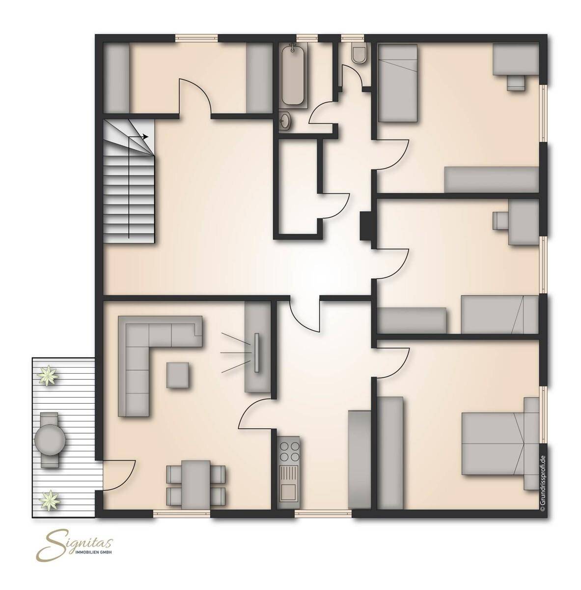 Grundriss des Obergeschosses mit mehreren Schlafzimmern, Bad und Balkon.