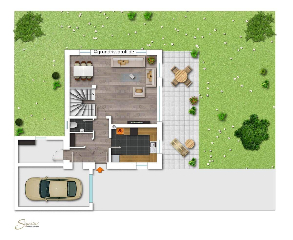 Grundriss des Erdgeschosses mit offenem Wohnbereich, Küche, Terrasse und Garage.