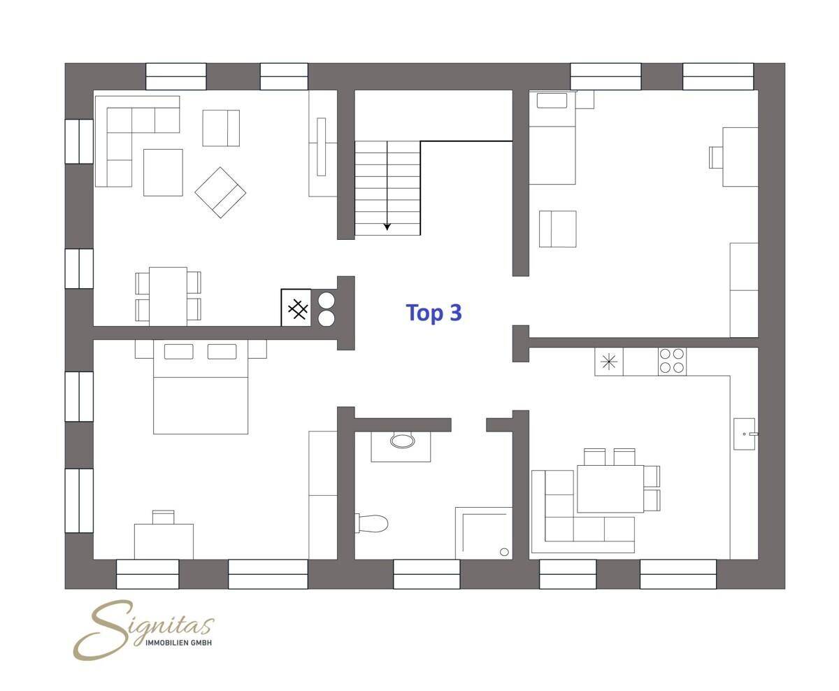 Grundriss von Top 3 mit Schlafzimmer, Bad, offenem Wohnbereich und separater Küche.