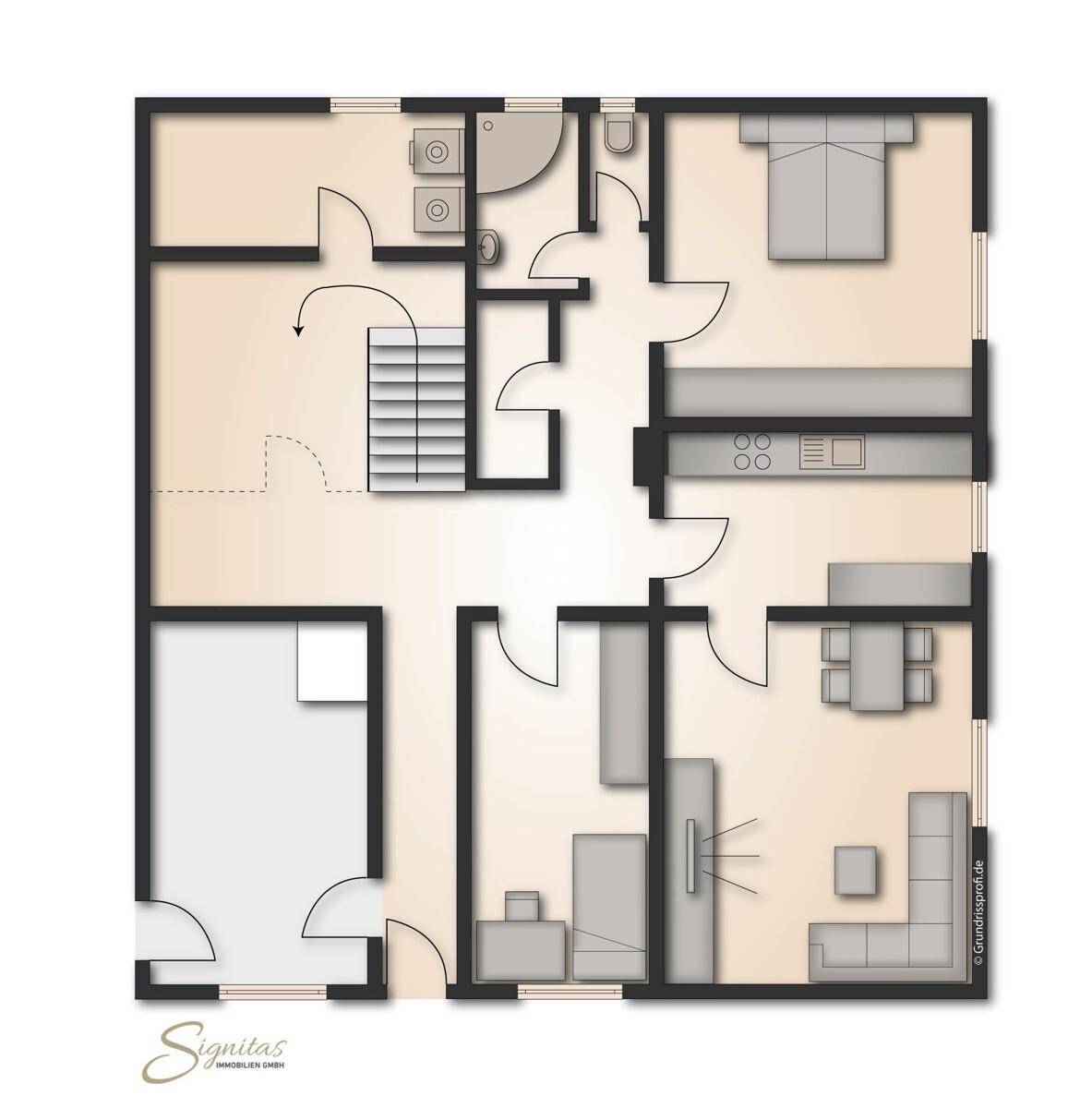 Grundriss des Erdgeschosses mit offenem Wohnbereich, Küche und einem Schlafzimmer.