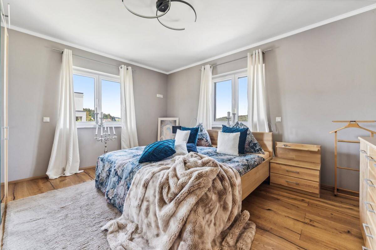 Gemütliches Schlafzimmer mit Holzboden, hellgrauen Wänden und zwei Fenstern.