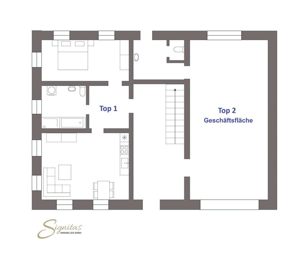 Grundriss zeigt eine Wohneinheit mit Schlafzimmer, Bad und offenem Wohnbereich sowie eine Geschäftsfläche.