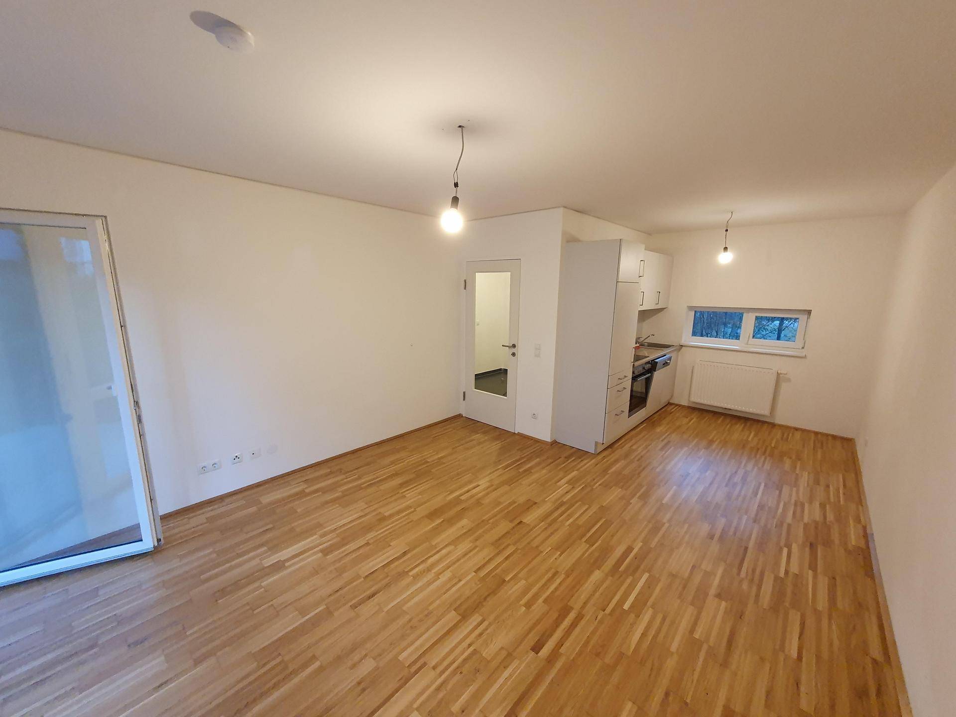 Heller Wohnbereich mit Parkettboden und integrierter Küchenzeile, ideal für offenes Wohnen.