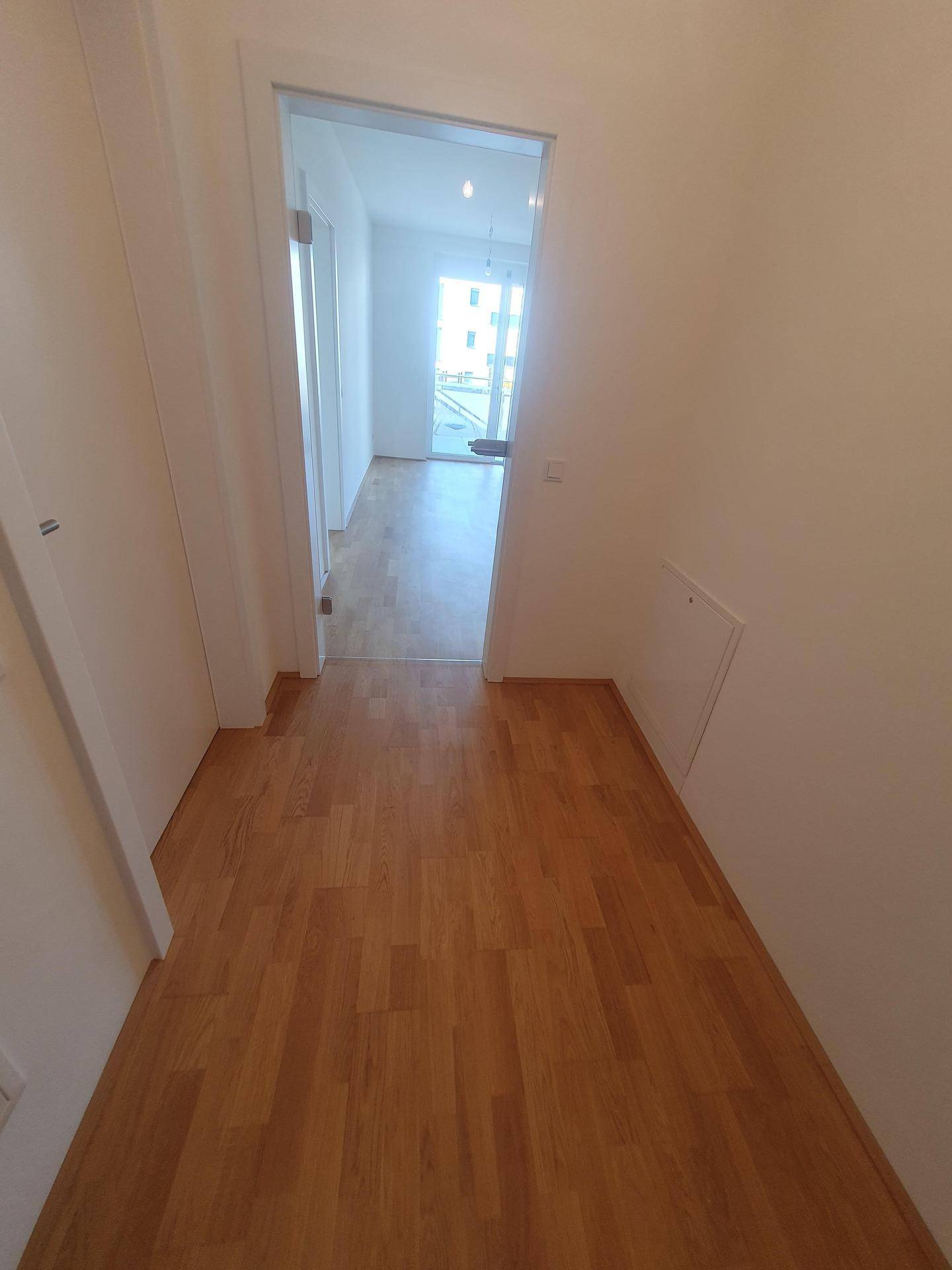 Flur mit Parkettboden, der in den hellen Wohnbereich der Wohnung führt.