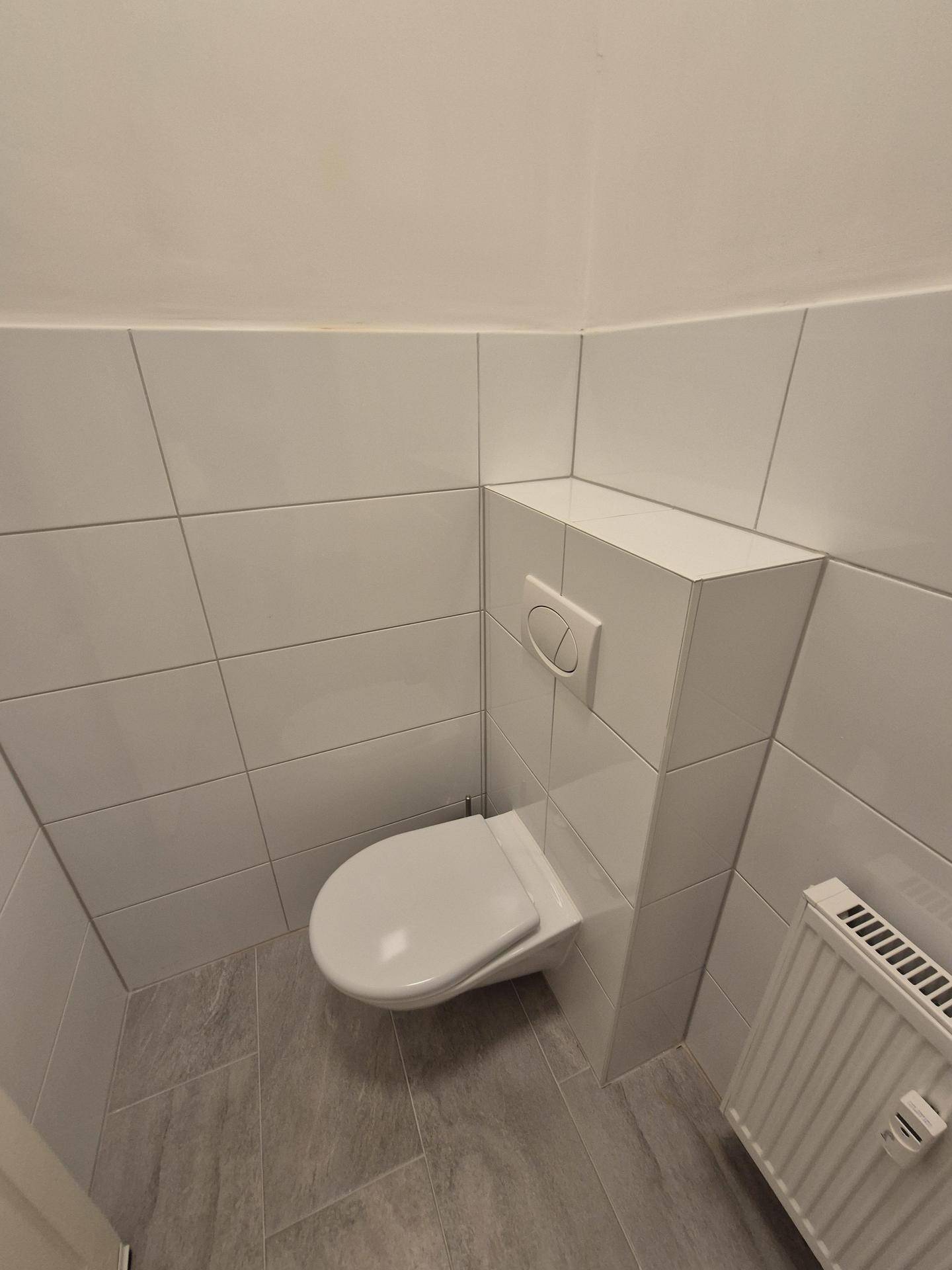 Separates WC mit wandhängender Toilette und weißen Fliesen an Wänden und Boden.