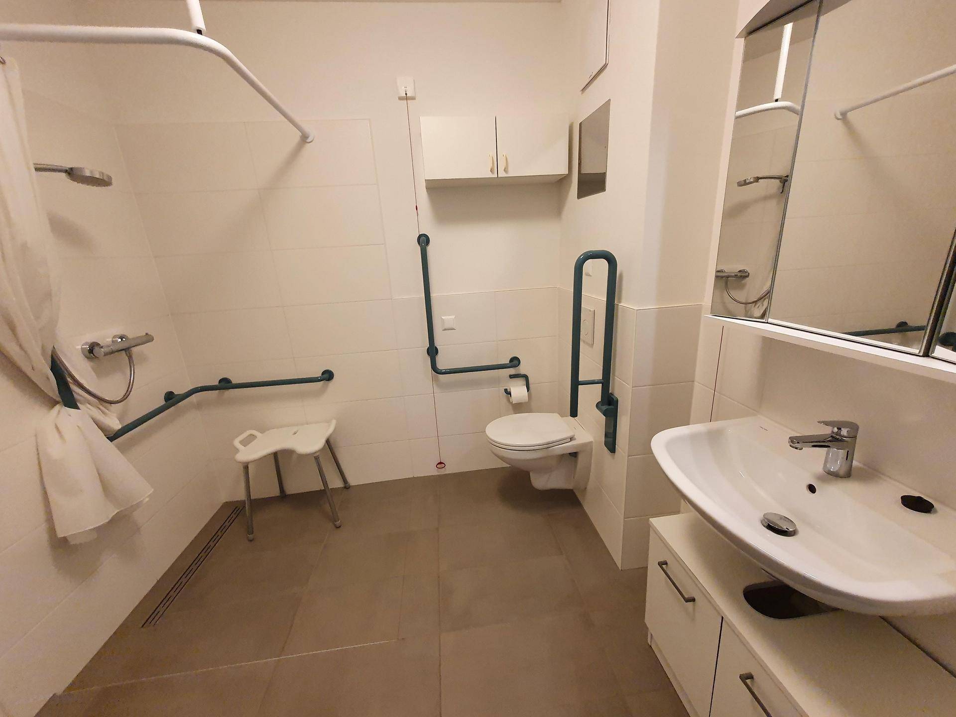 Barrierefreies Badezimmer mit ebenerdiger Dusche, Haltegriffen und modernem Waschtisch.