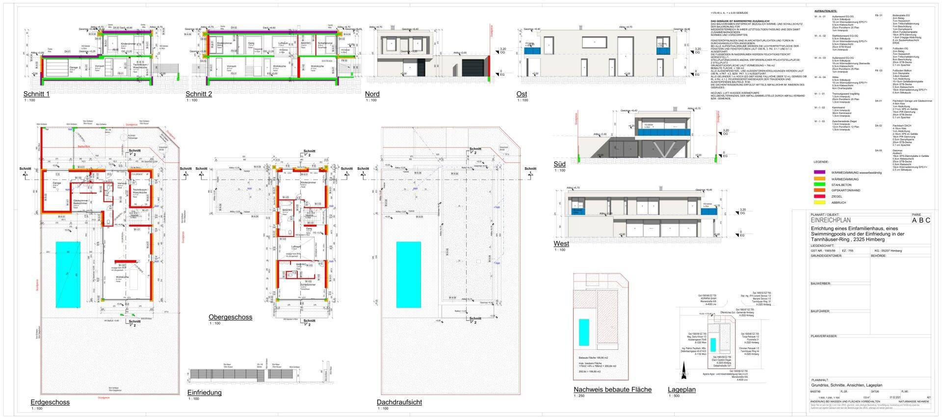 Detaillierter Architekturplan mit Grundrissen, Schnitten und Ansichten des Gebäudes inklusive Pool.