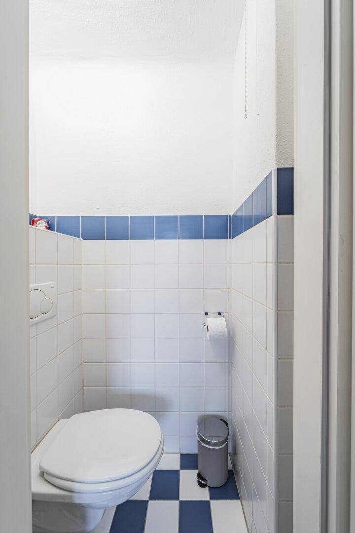 Separate Toilette mit weißen und blauen Fliesen und Wand-WC, praktisch und hygienisch.