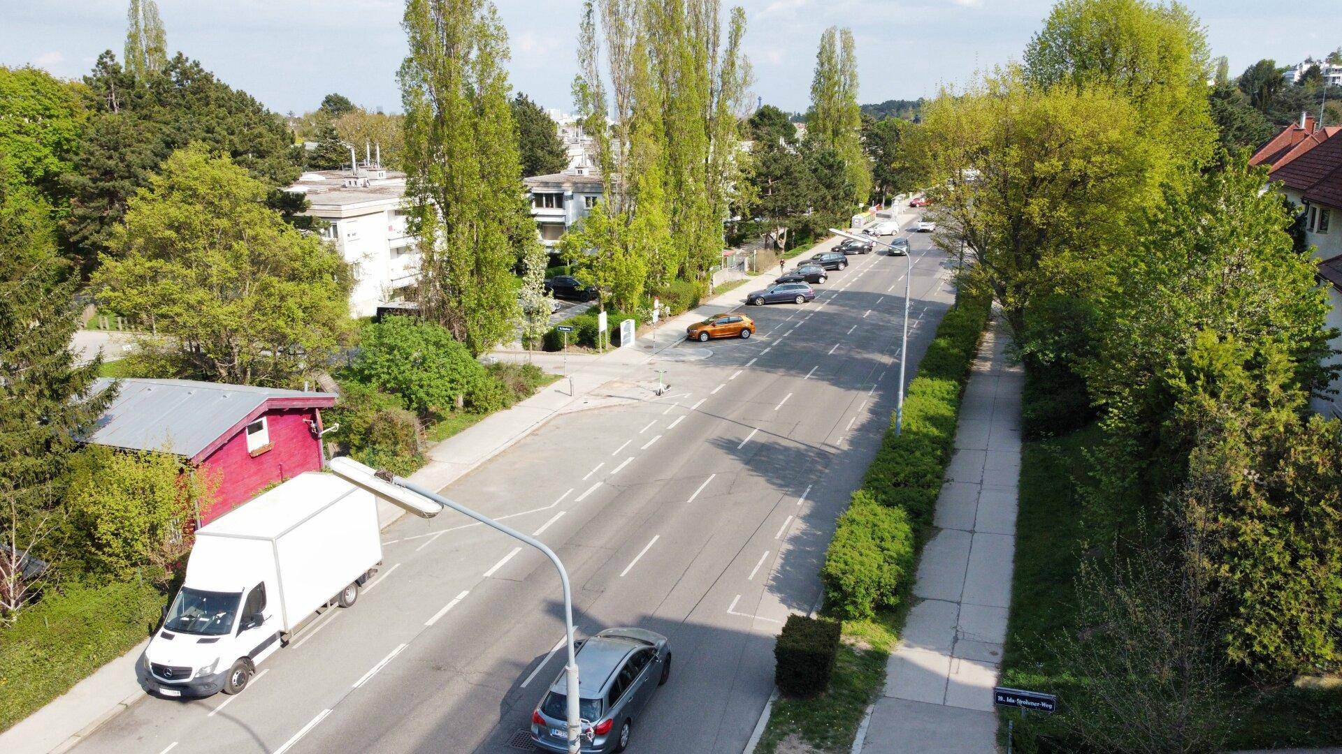 Luftaufnahme einer belebten Straße mit parkenden Autos, umgeben von Bäumen und Wohnhäusern.