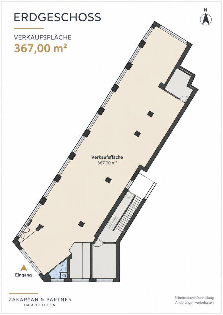 Detaillierter Grundriss des Erdgeschosses mit der Verkaufsfläche und dem Eingangsbereich.