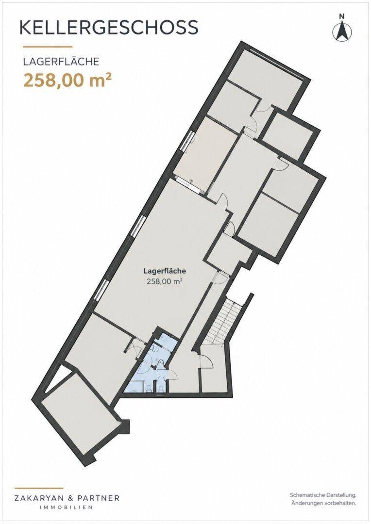 Detaillierter Grundriss des Kellergeschosses mit der Lagerfläche und den verschiedenen Räumen.