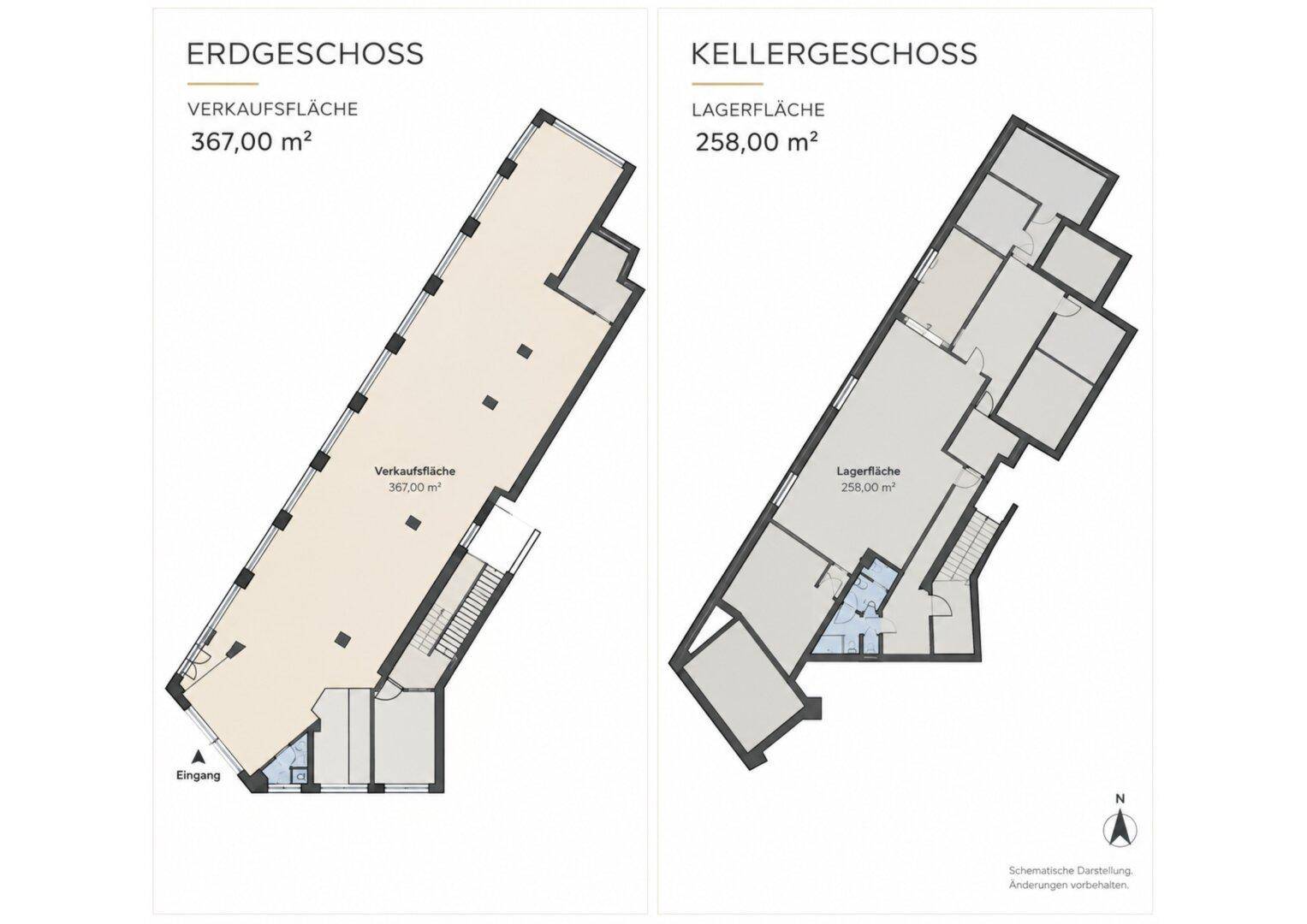 Grundrisspläne für Erdgeschoss und Kellergeschoss mit Verkaufs- und Lagerflächen.