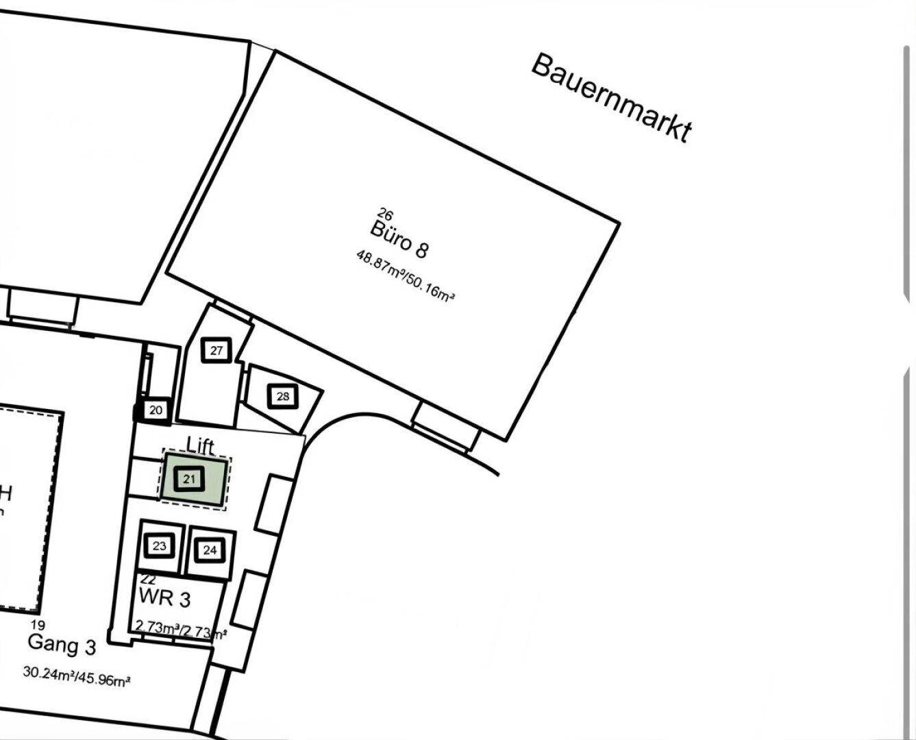 Grundrissplan eines Gewerbeobjekts mit Bürofläche, Flur und Aufzug. Zeigt die Anordnung der Räume.