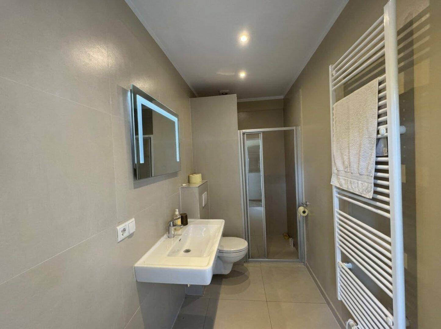 Modernes Badezimmer mit schwebendem Waschbecken, Duschkabine und beheiztem Handtuchhalter, in Grau gehalten.