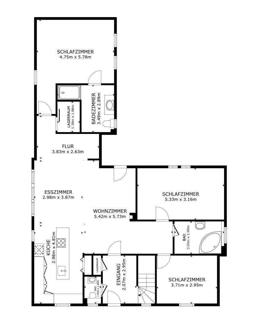 Grundriss des Erdgeschosses mit Schlafzimmern, Wohnzimmer, Esszimmer und Küche.