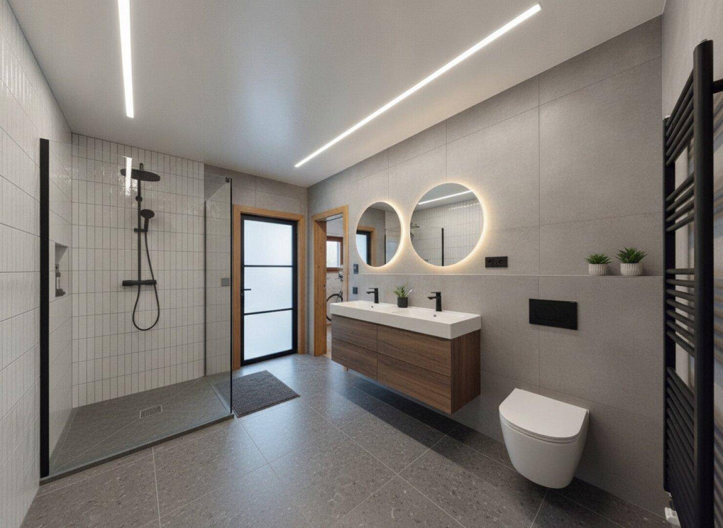 Modernes Badezimmer mit Doppelwaschbecken, begehbarer Dusche und eleganten grauen Fliesen.