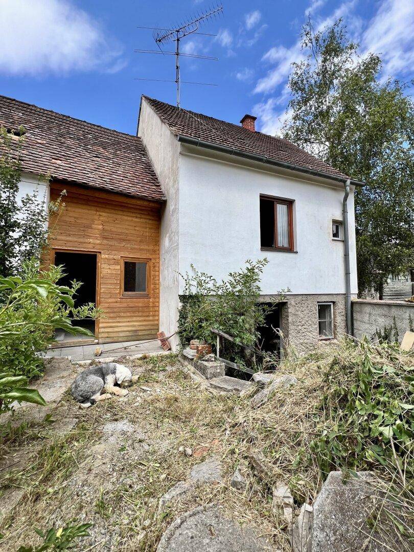 Rückansicht des Hauses mit Holzanbau und verwildertem Gartenbereich unter blauem Himmel.