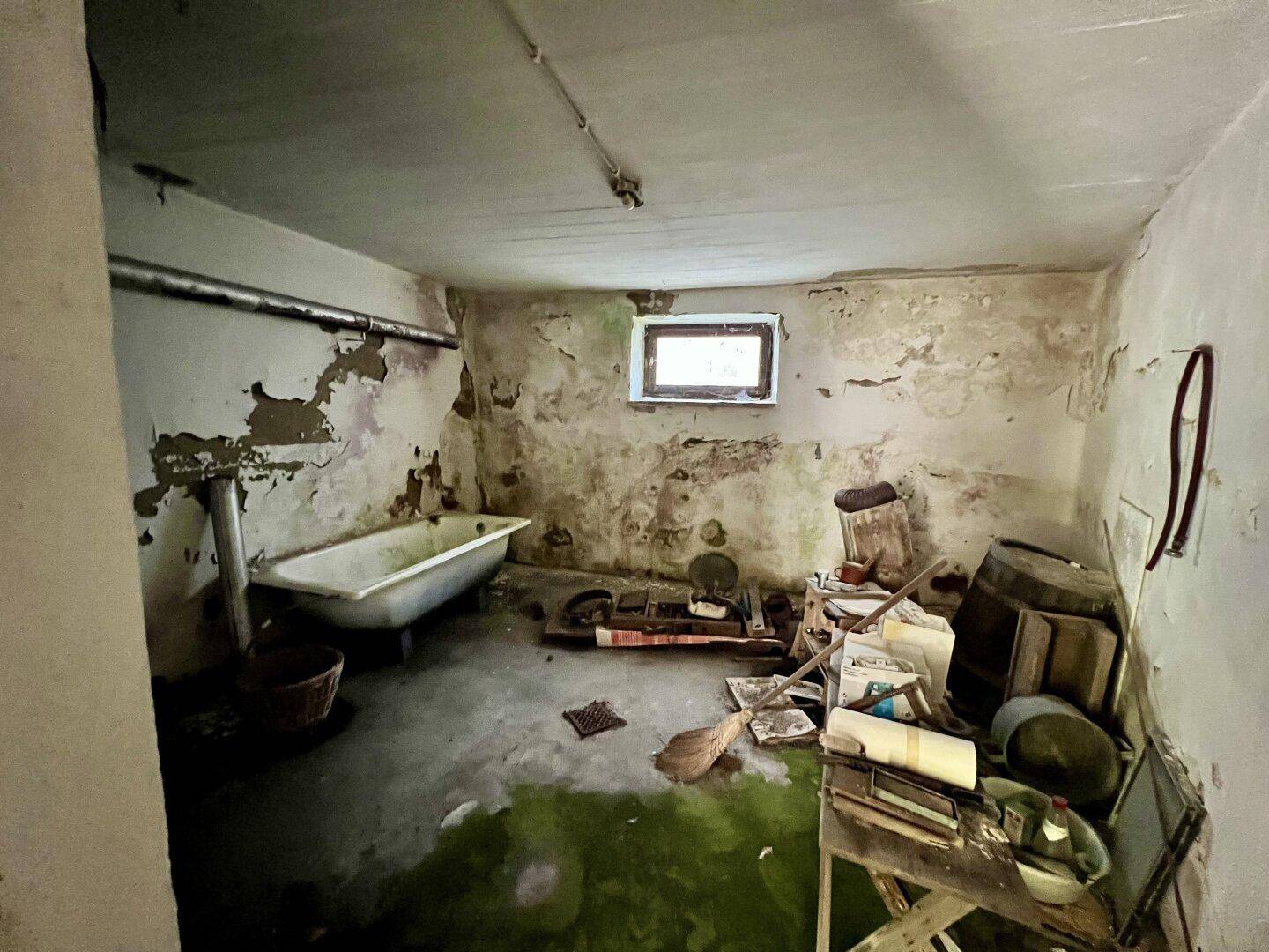 Feuchter Kellerraum mit alter Badewanne, abblätternder Farbe und kleinem Fenster.