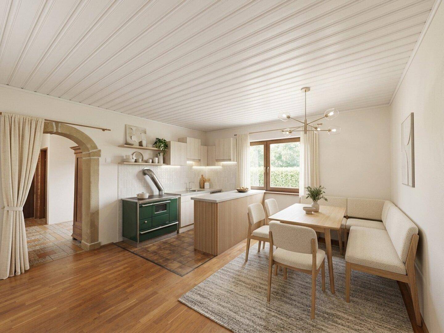 Helle Wohnküche mit moderner Einbauküche, Essbereich und traditionellem grünen Holzofen.