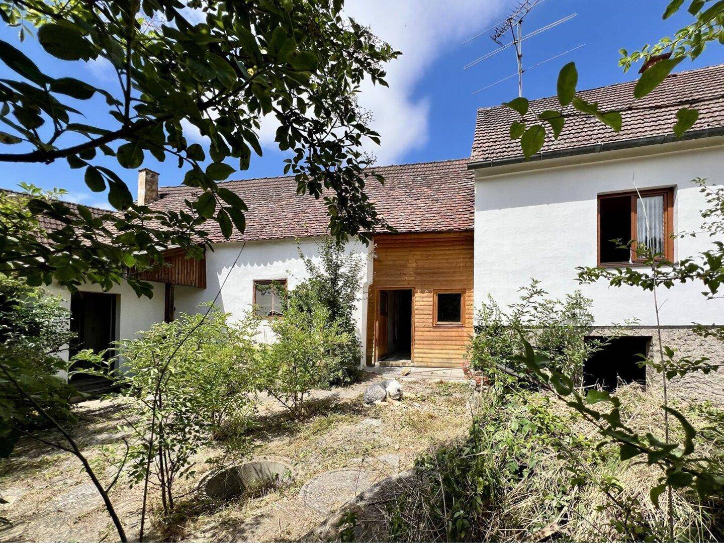 Rückansicht des Hauses mit Holzanbau und verwildertem Gartenbereich unter blauem Himmel.