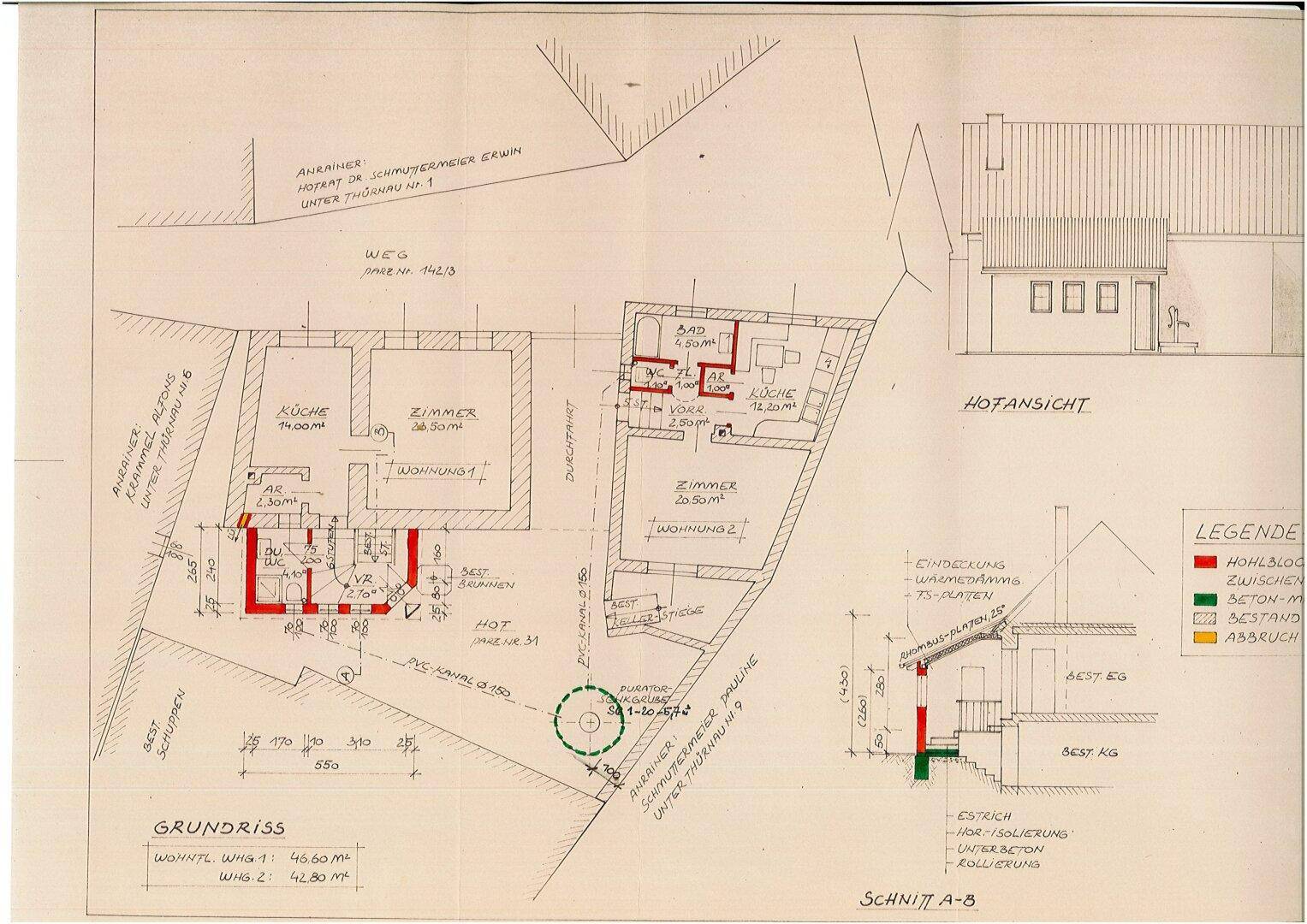 Detaillierter Grundriss mit zwei Wohnungen, Hofansicht und Schnittzeichnung.