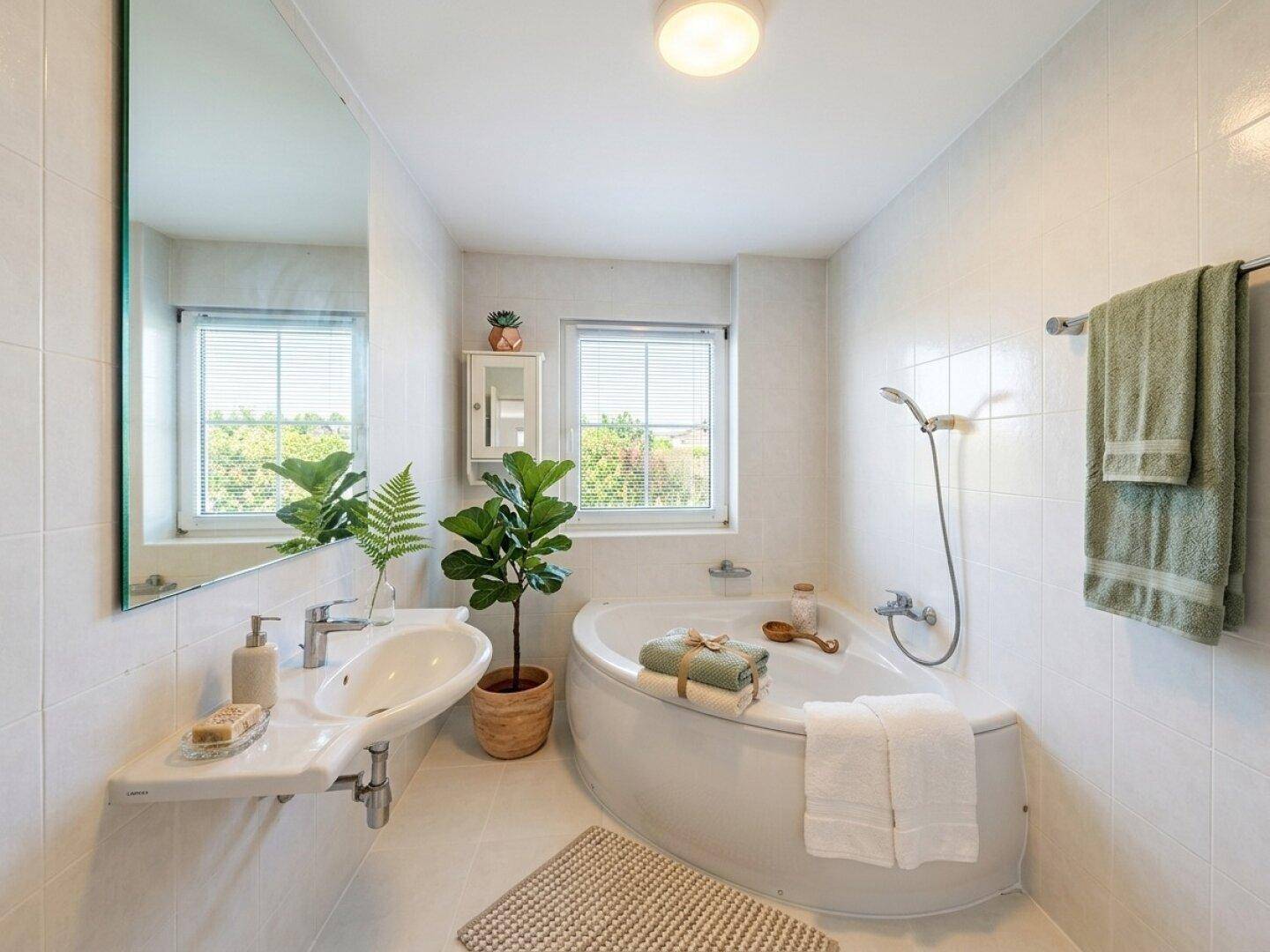 Badezimmer mit Eckbadewanne, Waschbecken und Fenster für natürliches Licht.