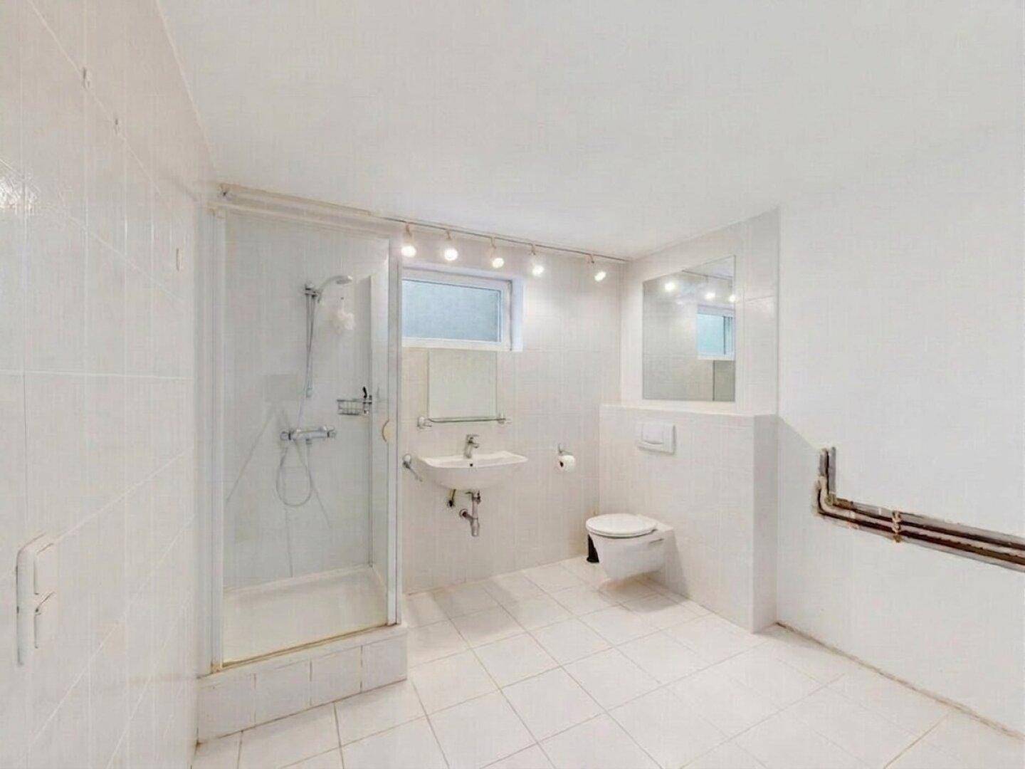 Einfaches Badezimmer im Keller mit Dusche, WC und Waschbecken.