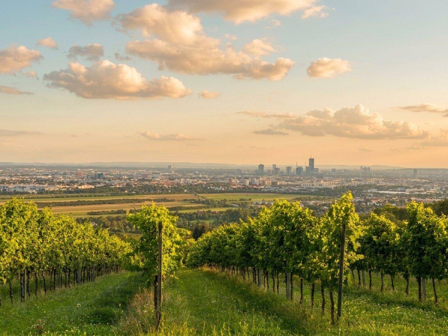 Panoramablick über einen Weinberg mit der Skyline der Stadt im Hintergrund bei Sonnenuntergang.