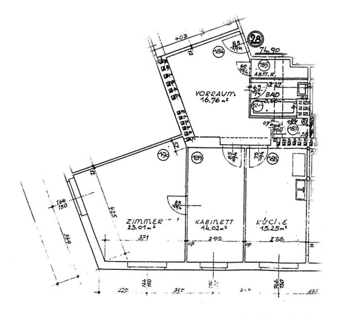 Grundrissplan mit Aufteilung in Vorraum, Zimmer, Kabinett, Küche und Bad.