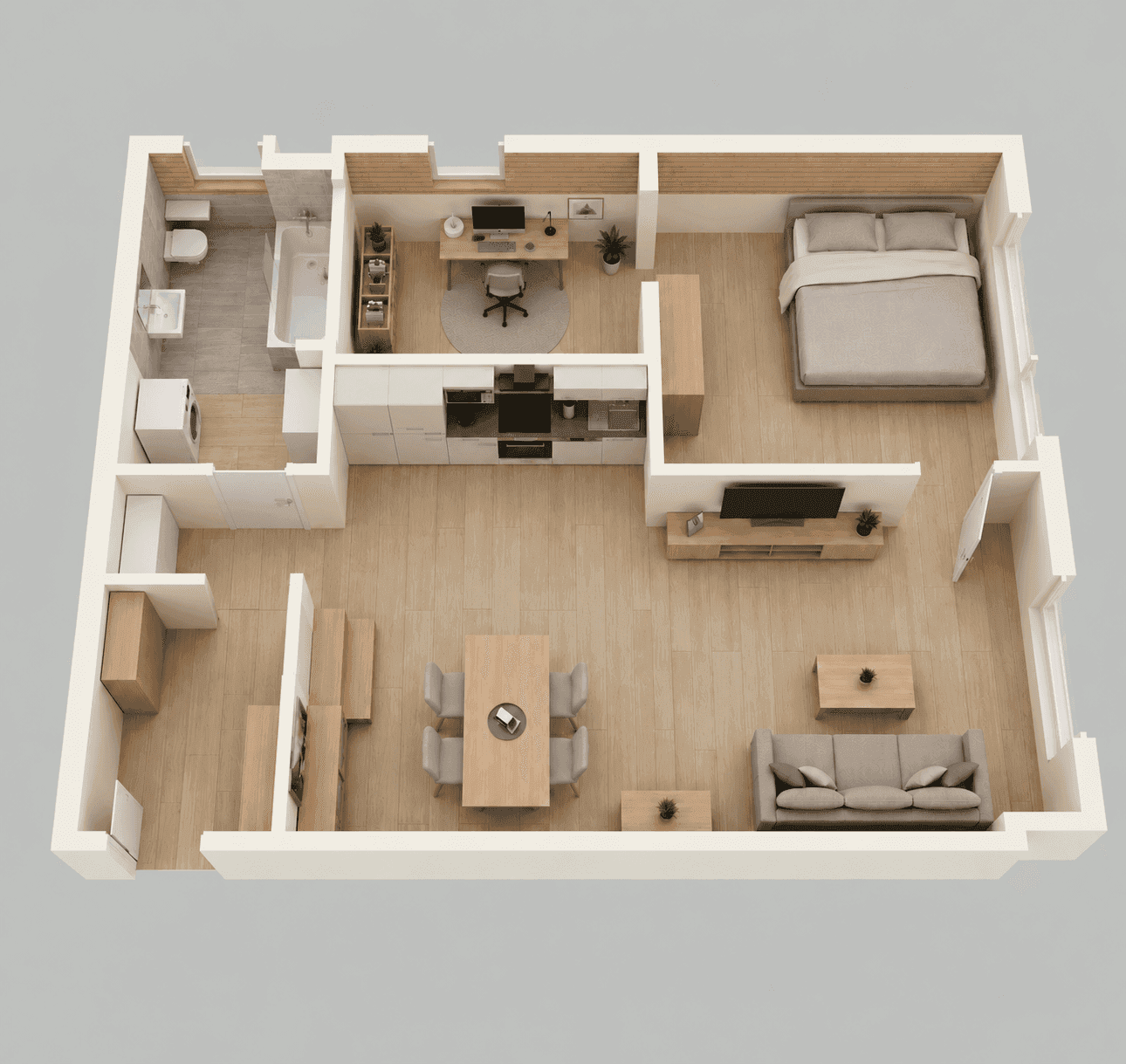 Moderner 3D-Grundriss einer Wohnung mit offenem Wohnbereich, Schlafzimmer, Bad und separatem Arbeitszimmer.