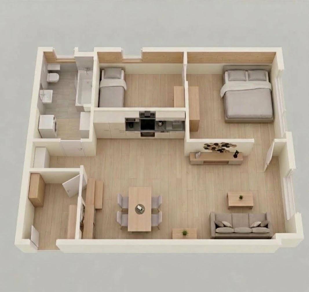 3D-Grundriss einer Wohnung mit zwei Schlafzimmern und offenem Wohnbereich.