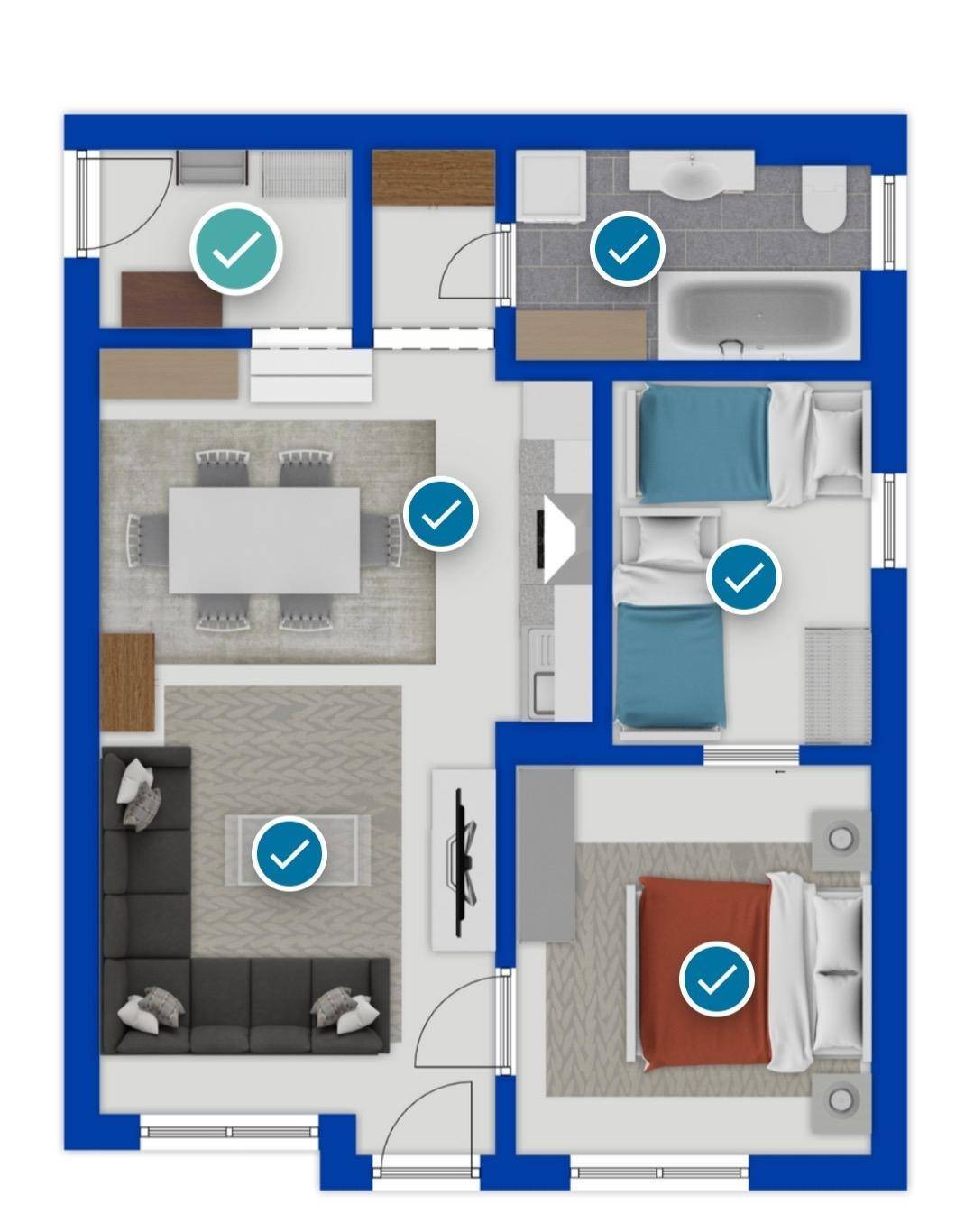 Übersichtlicher Grundriss einer Wohnung mit drei Schlafzimmern und offenem Wohnbereich.