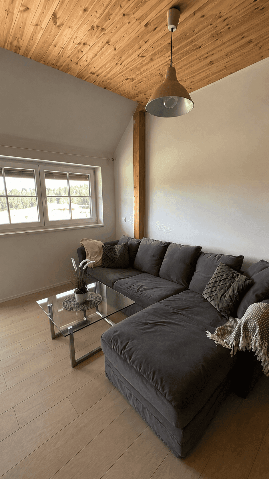 Gemütliche Wohnecke mit grauem Sofa, Glascouchtisch und schräger Holzbalkendecke.