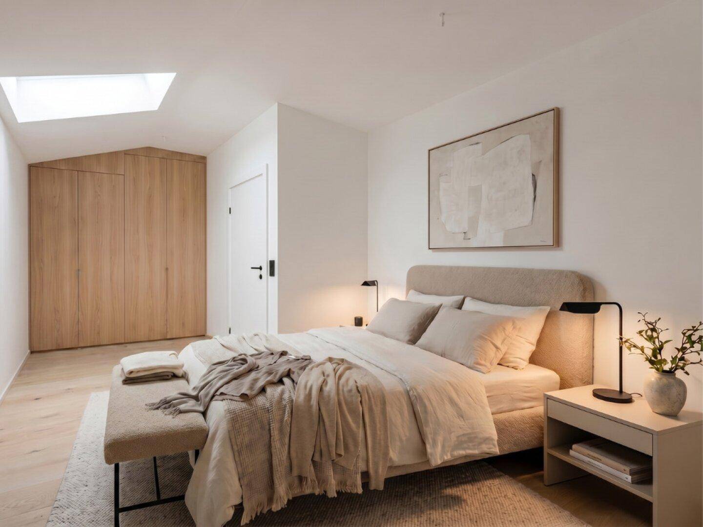 Helles Schlafzimmer mit Holzboden, Dachfenster und praktischen Einbauschränken.